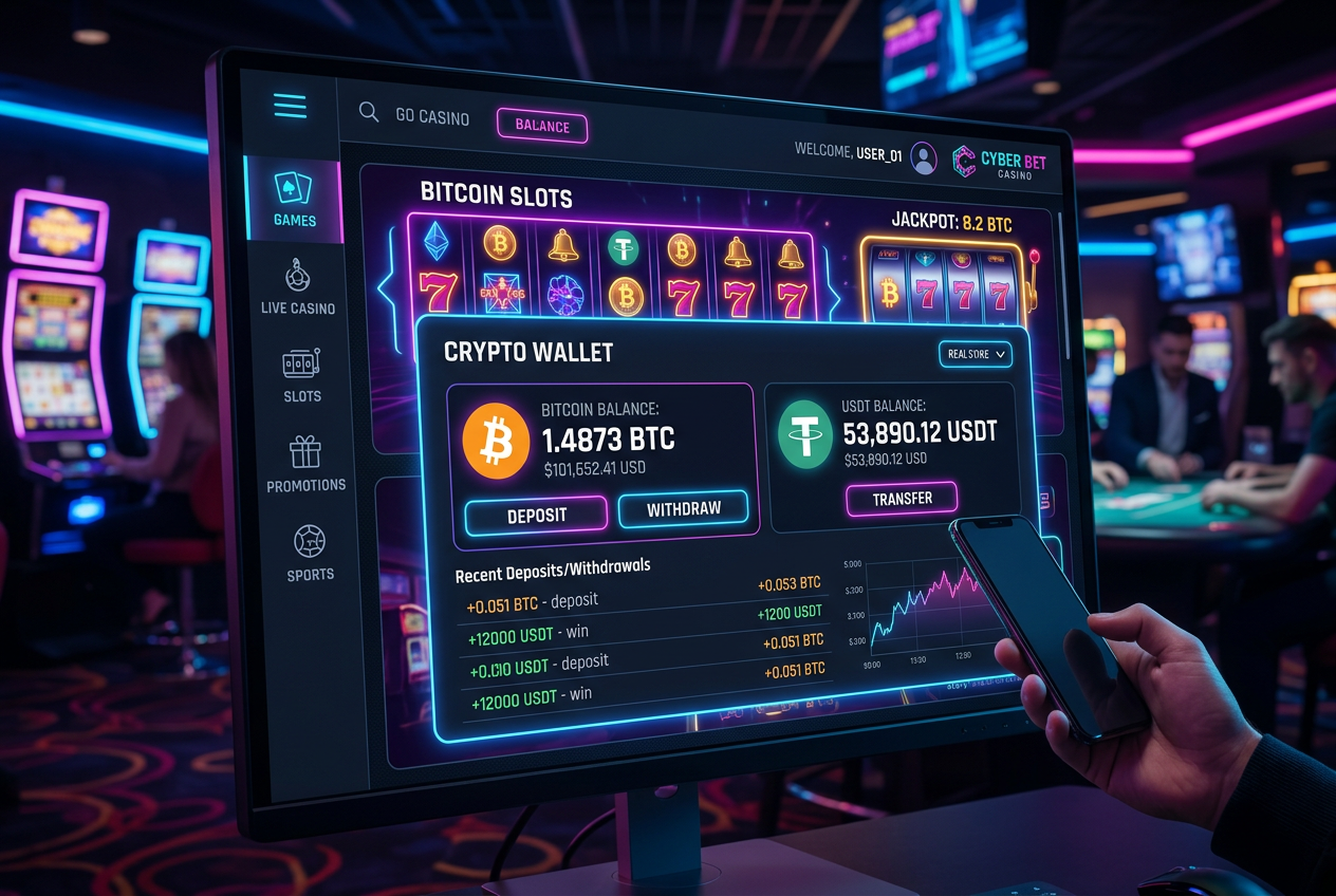 Interfejs cyfrowego portfela kryptowalut w polskim kasynie online pokazujący saldo BTC i USDT