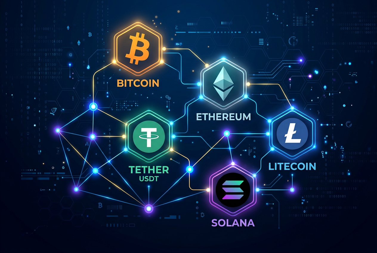 Abstrakcyjna grafika przedstawiająca połączenia sieci blockchain i logotypy Bitcoin, Ethereum oraz Tether