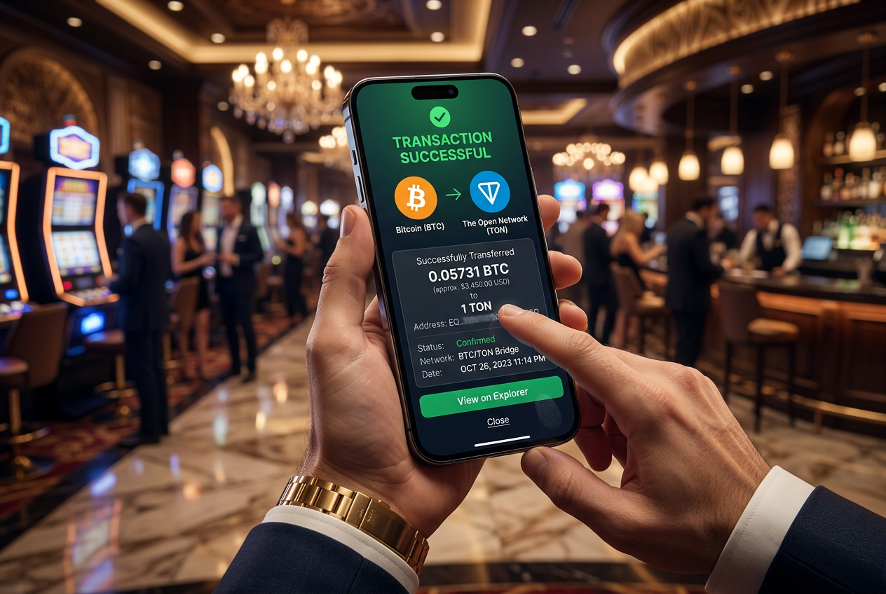 Potwierdzenie szybkiej transakcji kryptowalutowej na ekranie smartfona w luksusowym otoczeniu