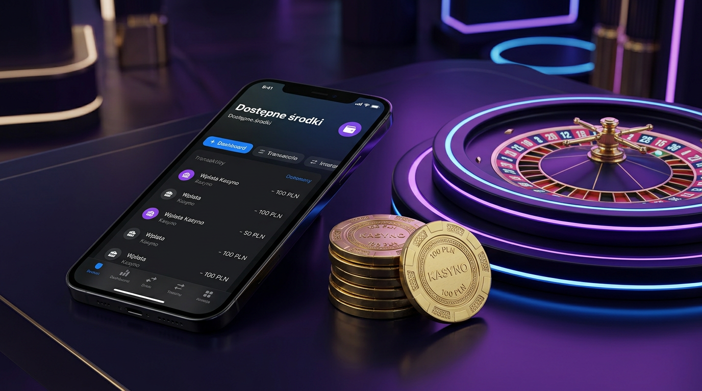 Smartfon z aplikacją Revolut obok żetonów kasynowych w luksusowej oprawie graficznej