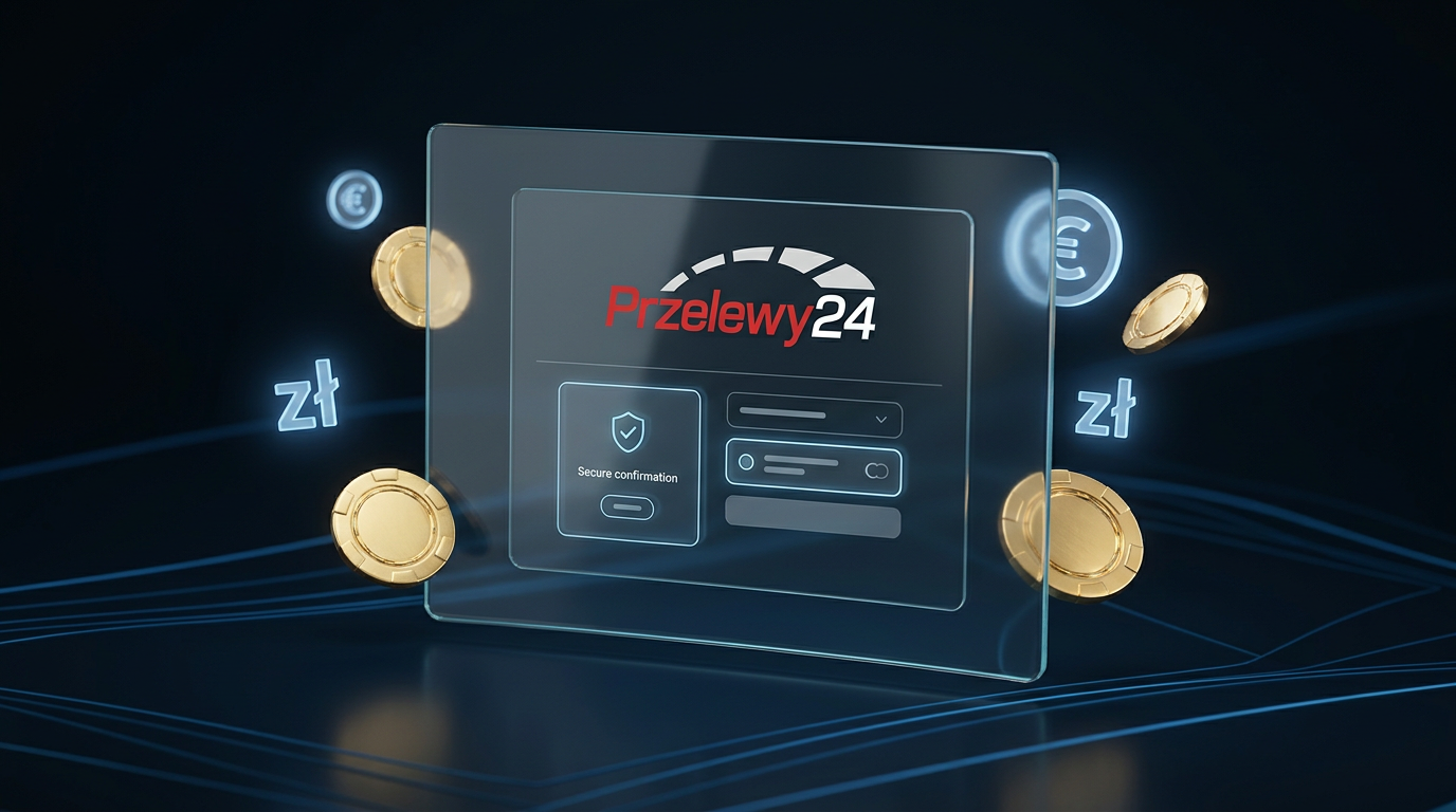Logo Przelewy24 w otoczeniu żetonów kasynowych i symboli waluty PLN.
