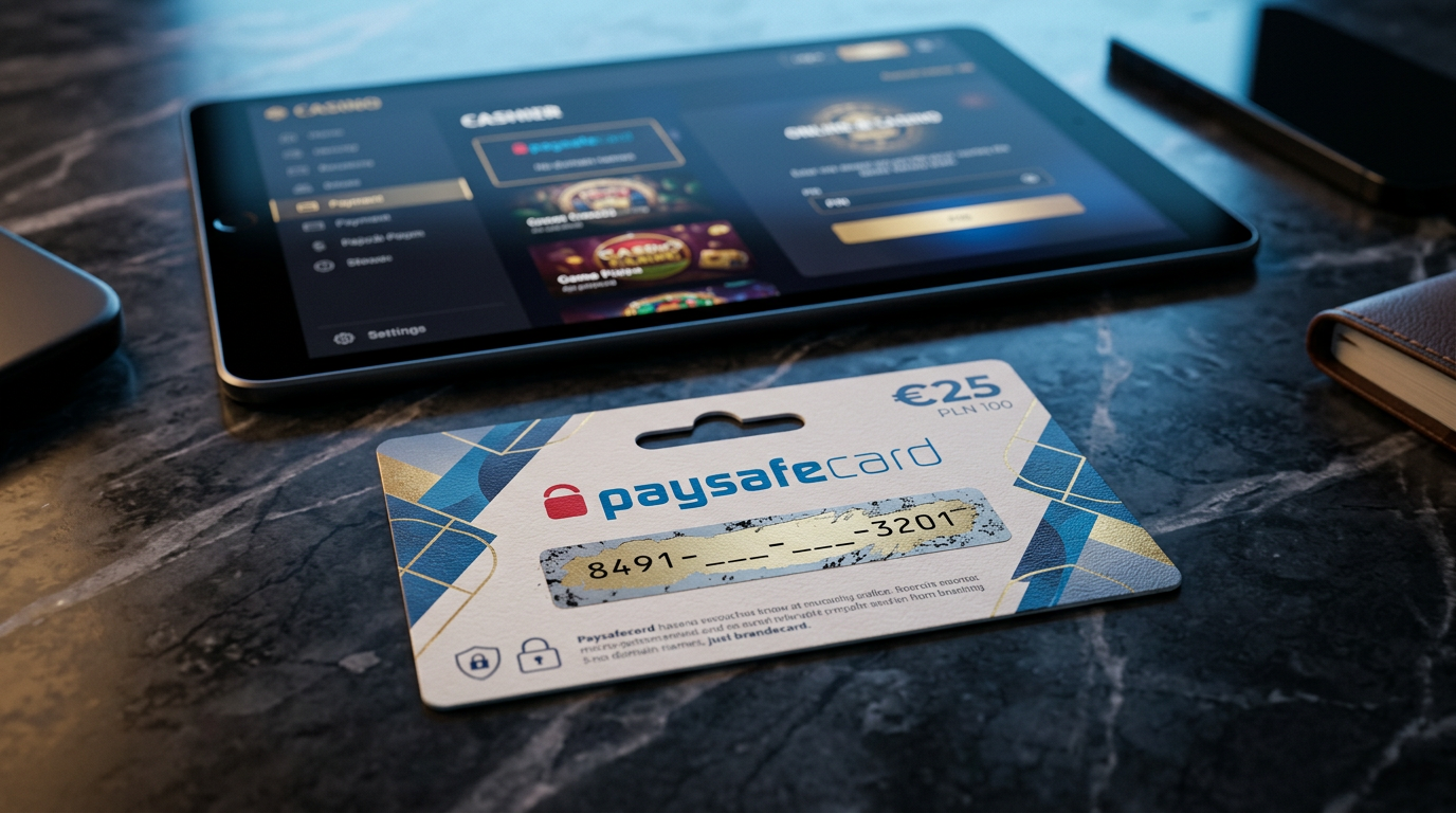 Ekskluzywny voucher Paysafecard na ciemnym marmurowym tle z niebieskim podświetleniem