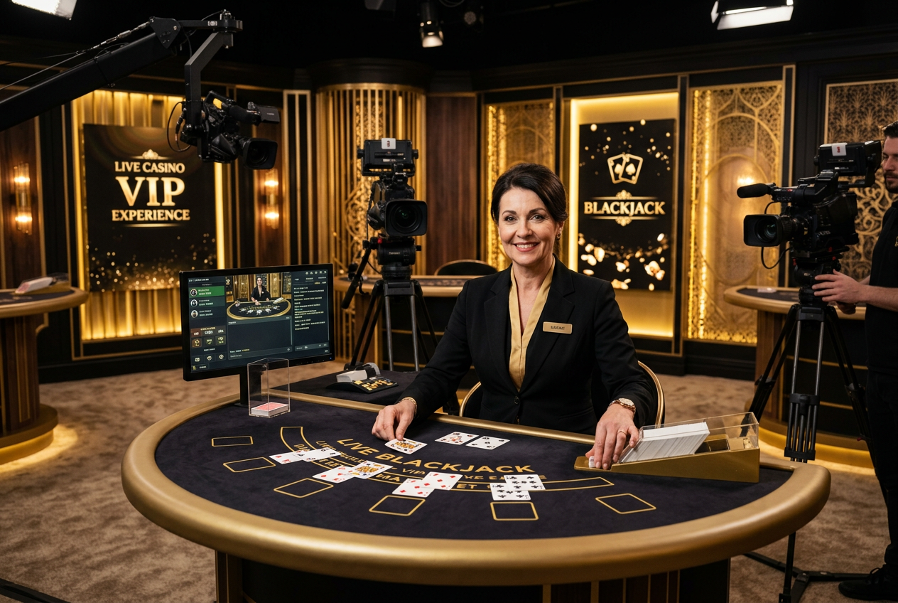 Eleganckie studio kasyna na żywo z profesjonalnym krupierem i oświetleniem neonowym