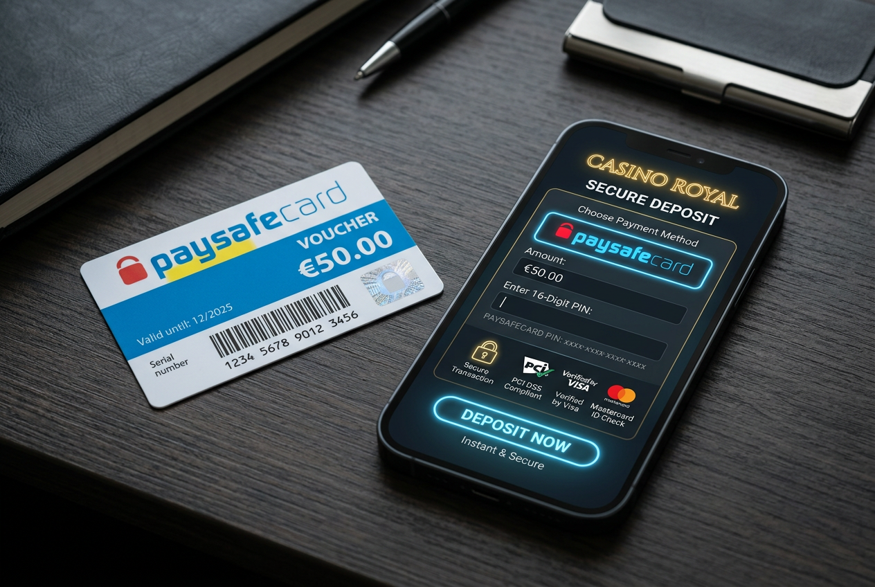 Elektroniczny voucher Paysafecard obok laptopa z widokiem na lobby kasyna online