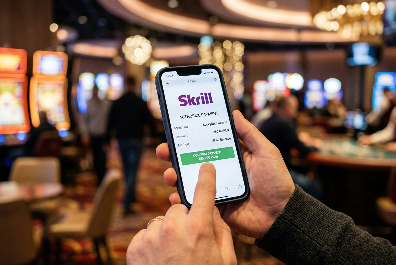 Osoba dokonująca płatności Skrill w kasynie internetowym na smartfonie